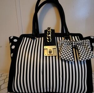 Charming Charlie Black and White Striped Tote with Checkered Bow